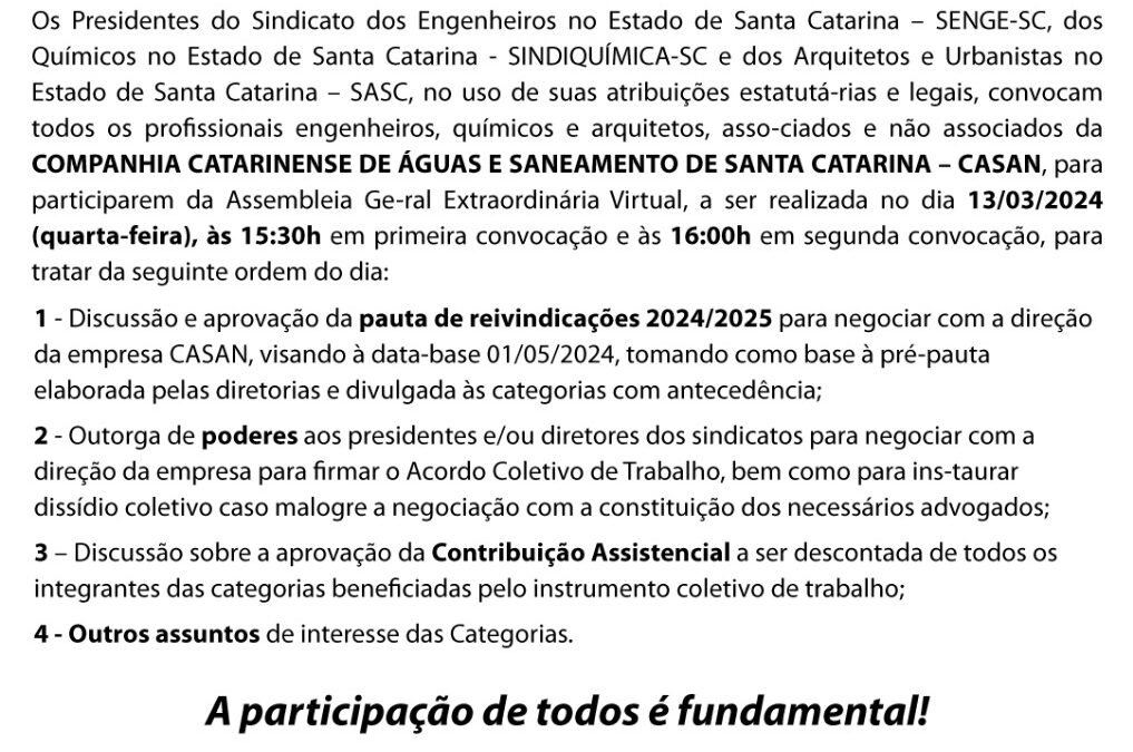 SASC convoca para Assembleia Geral Extraordinária – CASAN – 07/05/24, 15h30.