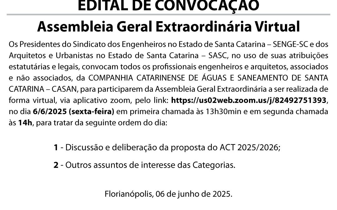 SASC convoca para Assembleia Geral Extraordinária Virtual