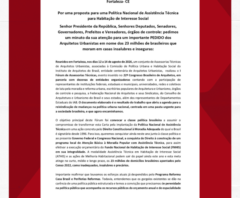 Carta do Fórum Nacional de Assessorias Técnicas